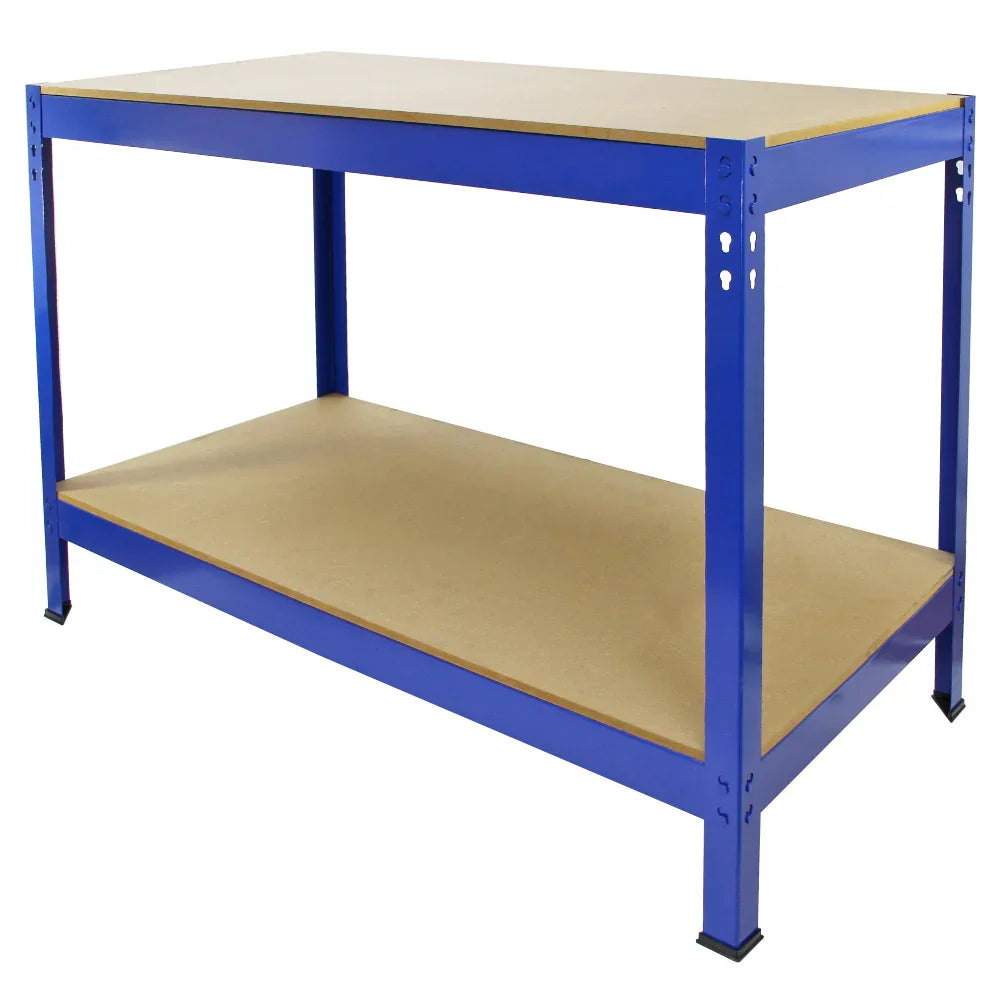 Q-RAX Blue Workbench 100cm with a sturdy blue metal frame and smooth MDF top, featuring a lower shelf for additional storage