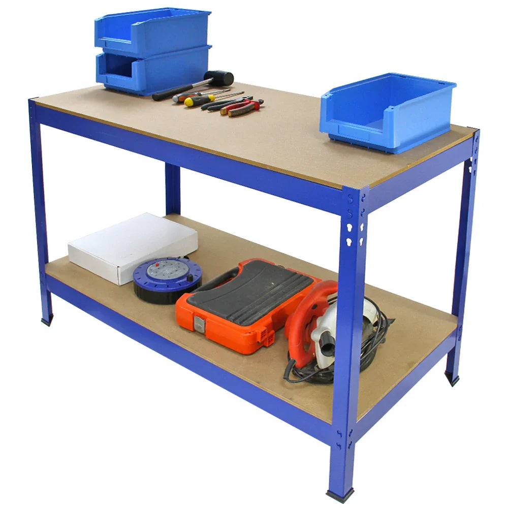 Boltless 5 tier garage shelves in blue with a sturdy wooden top, featuring tools and storage bins for organized workspace use