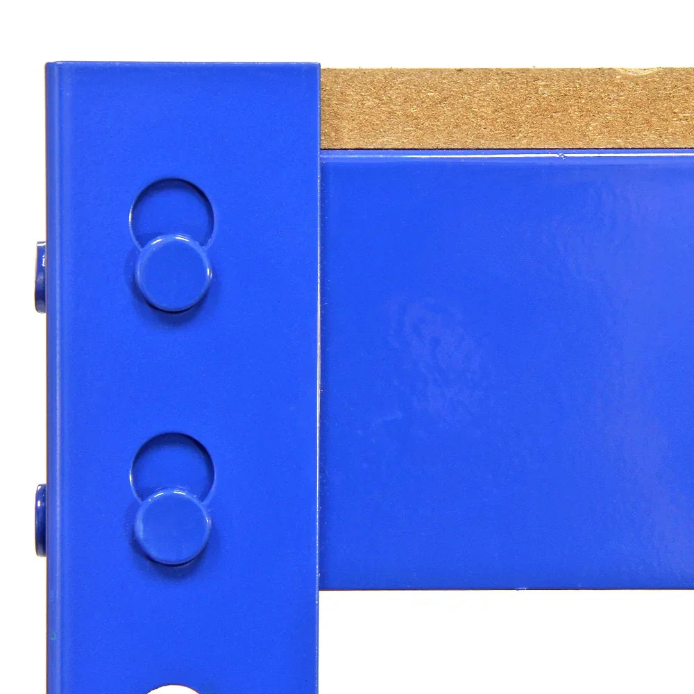Close-up of a blue metal rack corner with round rivets and a wooden workbench surface, showcasing durability and sturdy construction