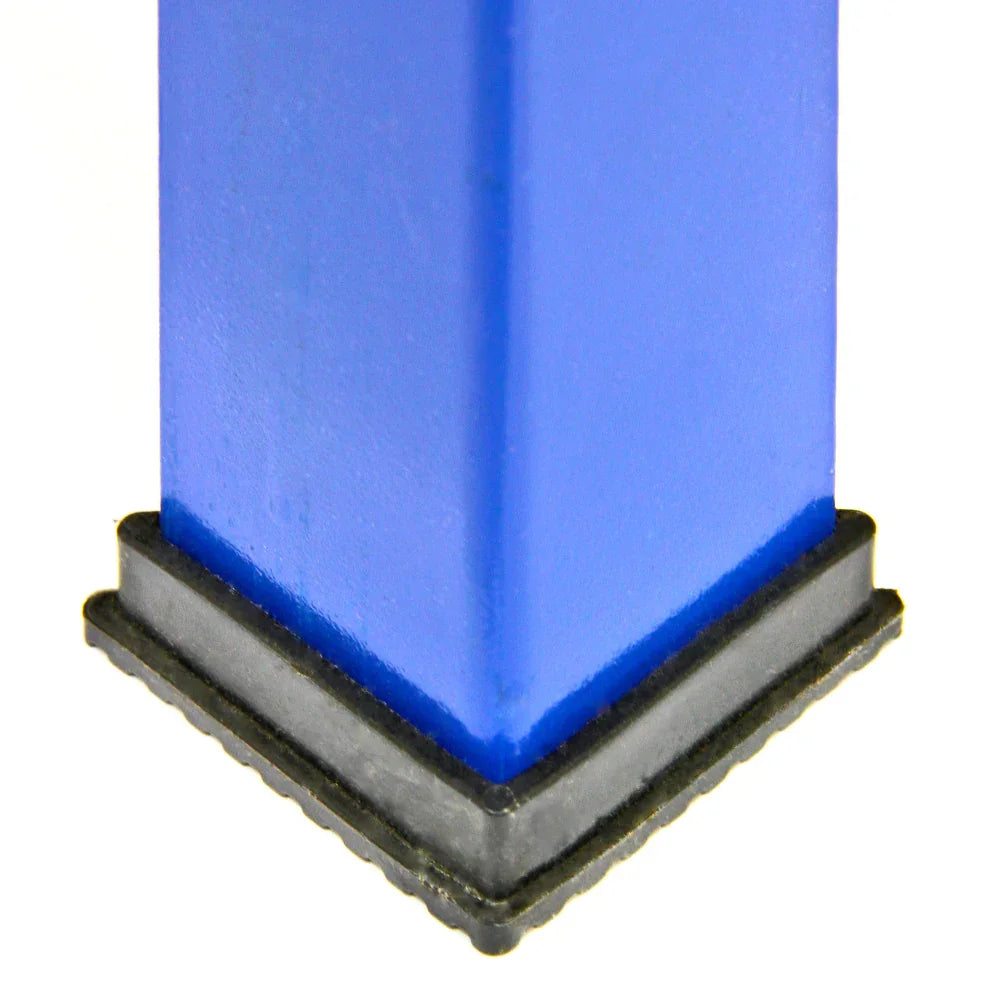 Blue metal support leg with a rubber base for stability, designed for Monster Racking shelving units and workbench