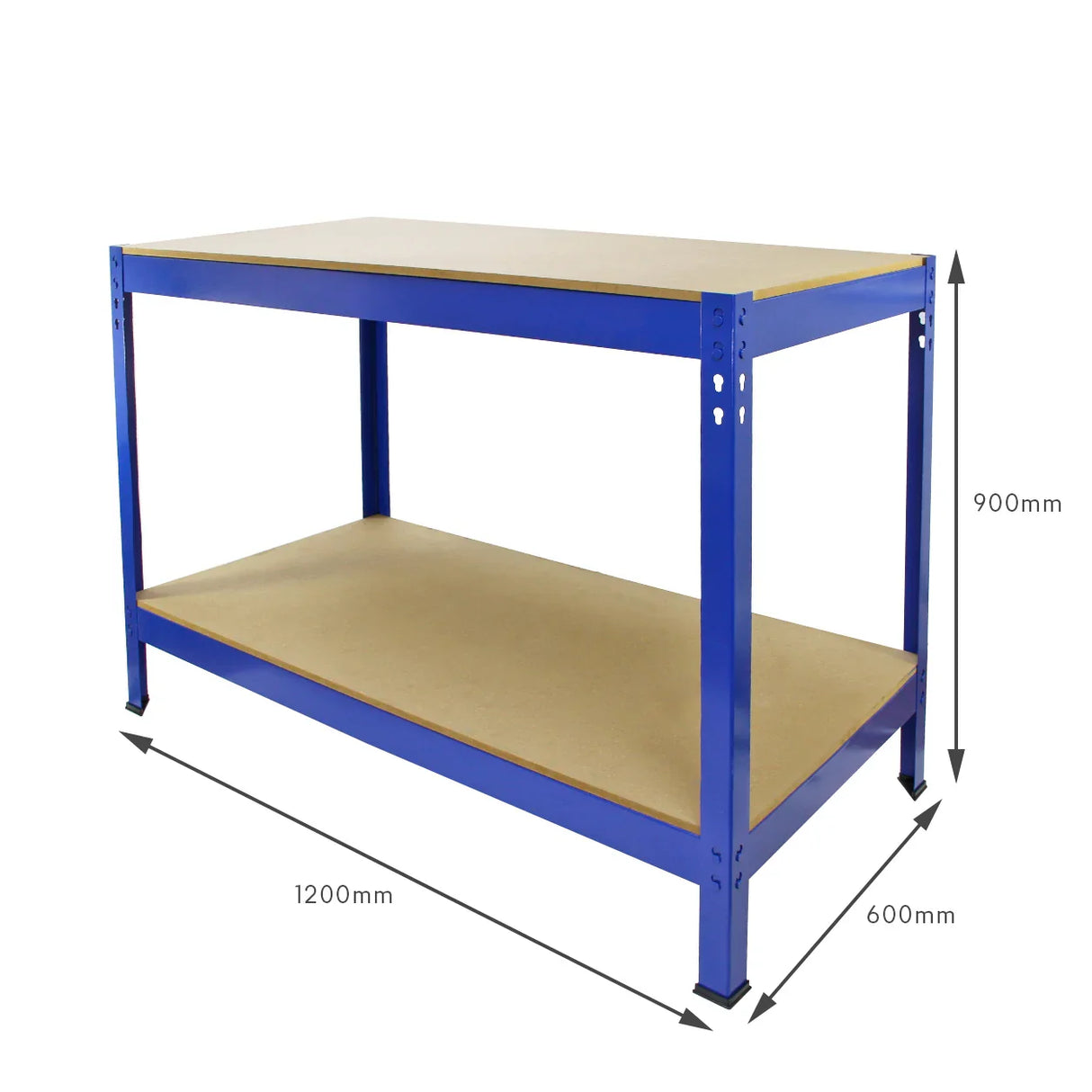 Sturdy blue metal storage workbench with a smooth MDF top, measuring 120cm long and 60cm wide, ideal for organizing tools and equipment
