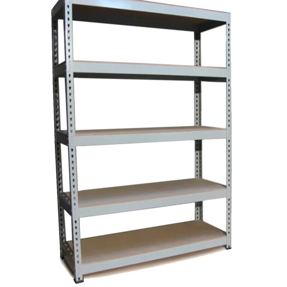 Grey Q-Rax shelving unit, 120 x 50 x 180cm, features five sturdy shelves with a sleek metal frame for storage and organization