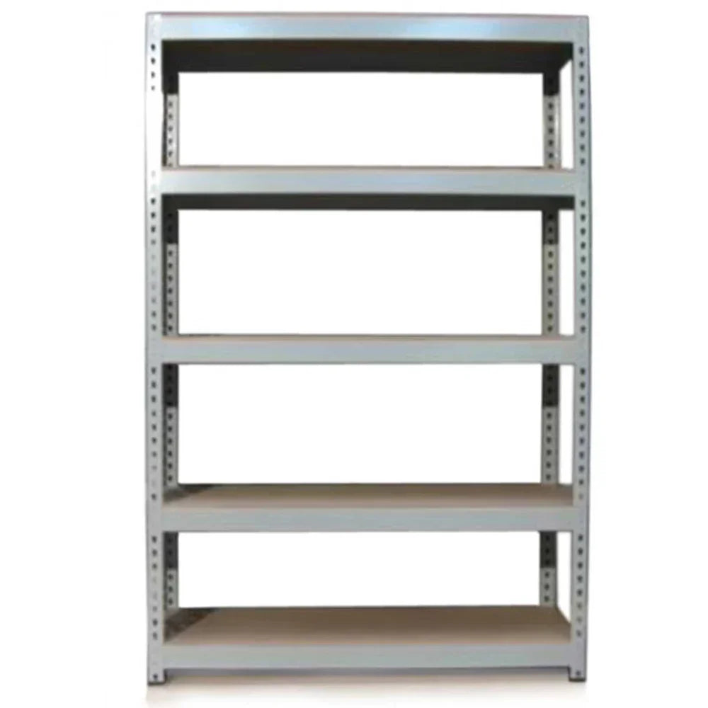 Grey metal shelving unit with four sturdy shelves, measuring 120cm x 180cm x 50cm, ideal for storage and organization