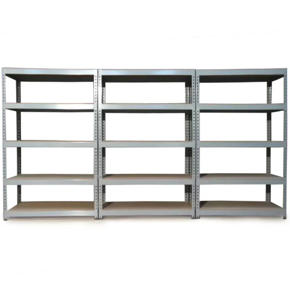 Grey Q-Rax shelving unit, 120 x 50 x 180cm, featuring multiple sturdy shelves with a sleek metal frame and wooden surfaces