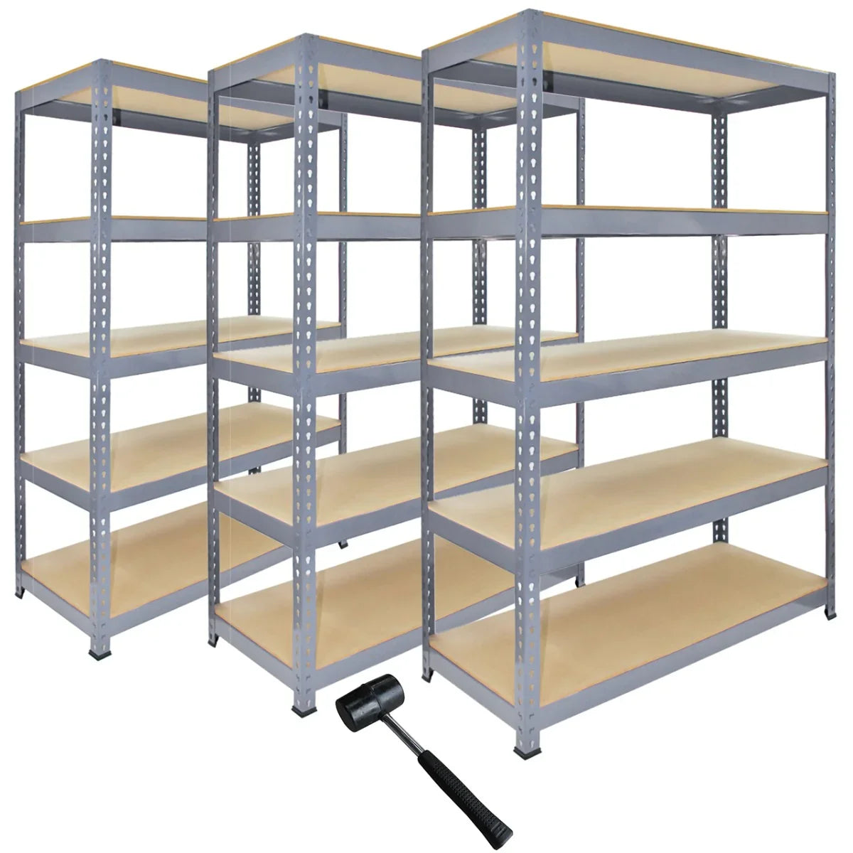 Three grey metal racking units, each 120 x 50 x 180cm, featuring sturdy shelves and a rubber mallet for assembly included
