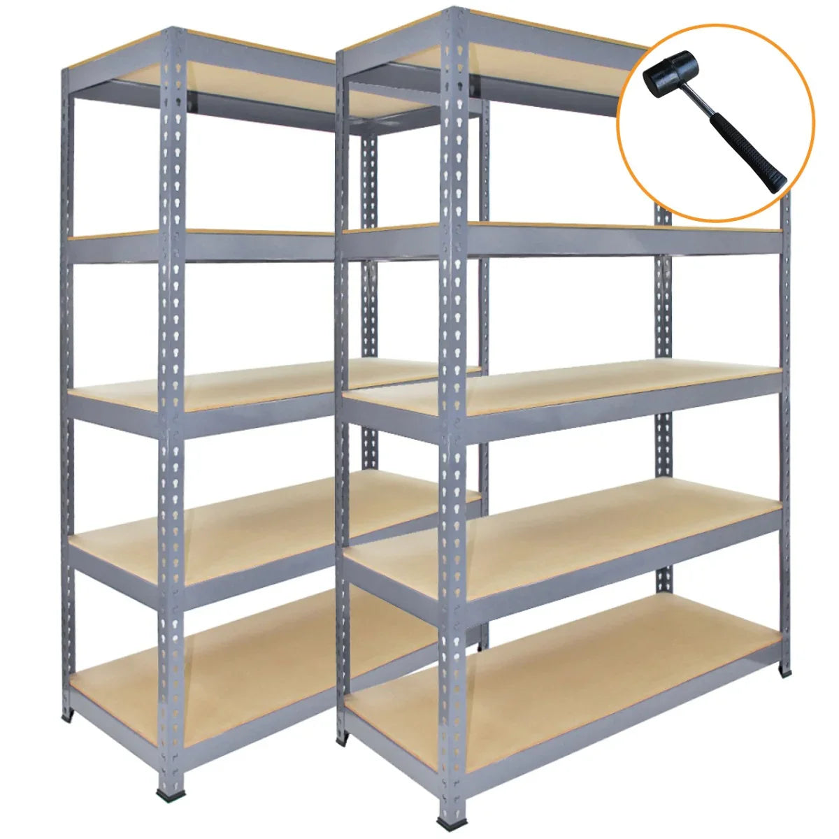 Grey metal racking units with five shelves, measuring 120 x 50 x 180cm, featuring a sturdy design and smooth wood-like surfaces