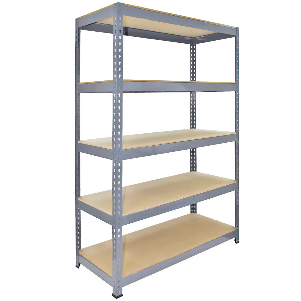 Grey metal racking unit with five sturdy shelves, measuring 120 x 50 x 180cm, ideal for storage and organization in various spaces