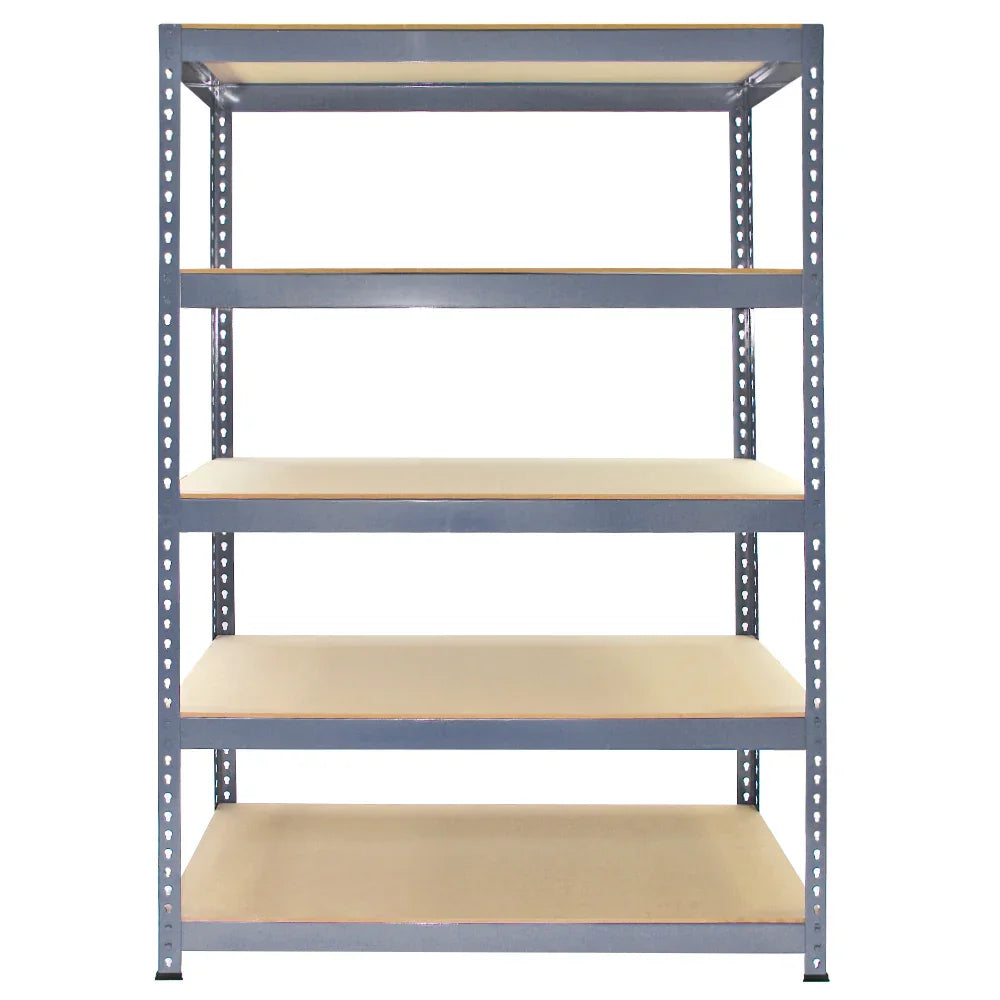 Grey metal racking unit with five sturdy shelves, measuring 120 x 50 x 180cm, ideal for storage and organization in various spaces