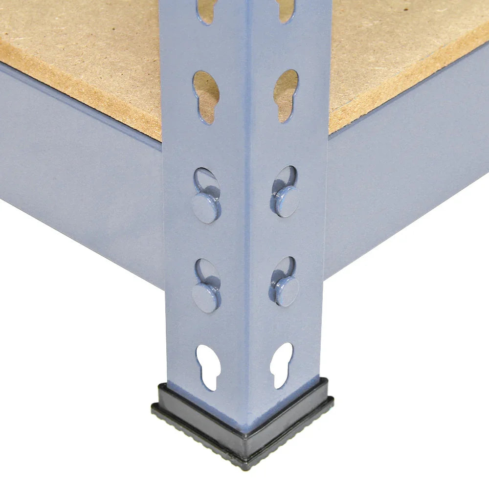 Grey metal racking unit corner detail showing sturdy vertical support, smooth finish, and wooden shelf surface, ideal for storage