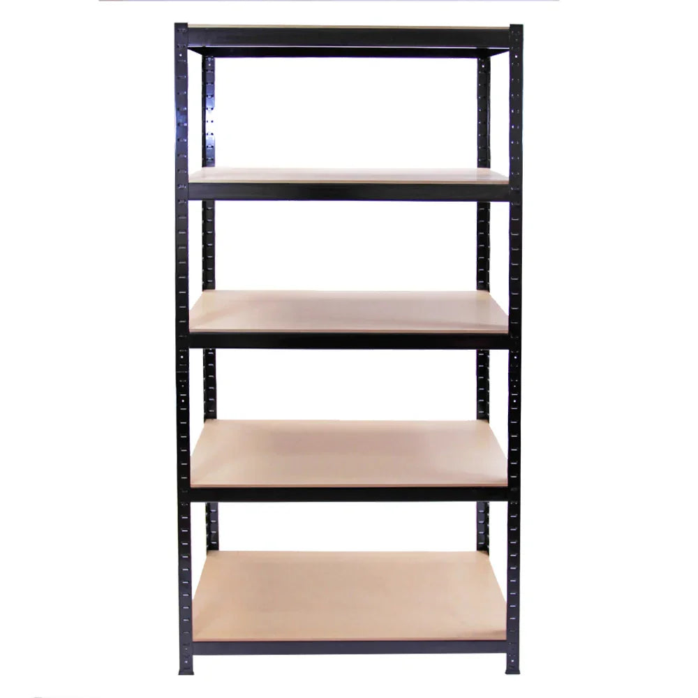 Black Monster Racking T-Rax metal storage shelves with five sturdy, smooth wooden shelves, measuring 90cm wide and 45cm deep