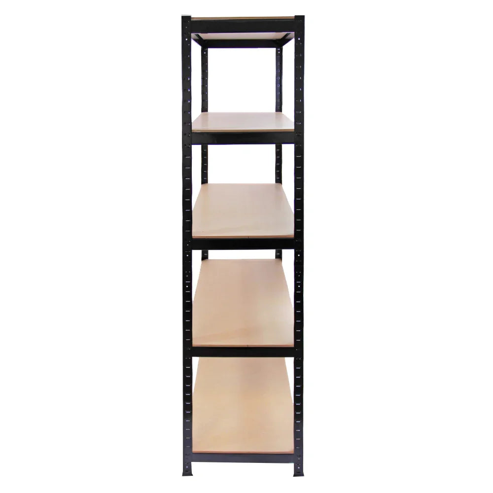 Black metal shelving unit with five sturdy wooden shelves, measuring 90cm wide and 45cm deep, ideal for garage or warehouse storage