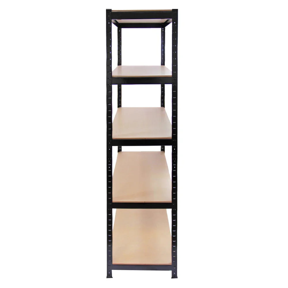 Black Monster Racking T-Rax metal storage shelves with four wooden shelves, measuring 90cm wide and 45cm deep, ideal for organizing items