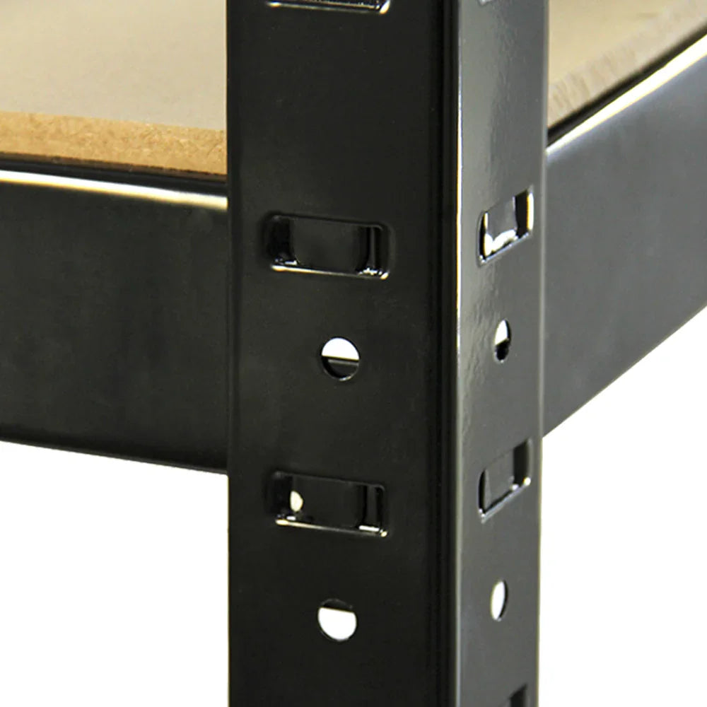 Close-up of black metal frame of Monster Racking T-Rax storage shelves, showcasing sturdy construction and adjustable height options