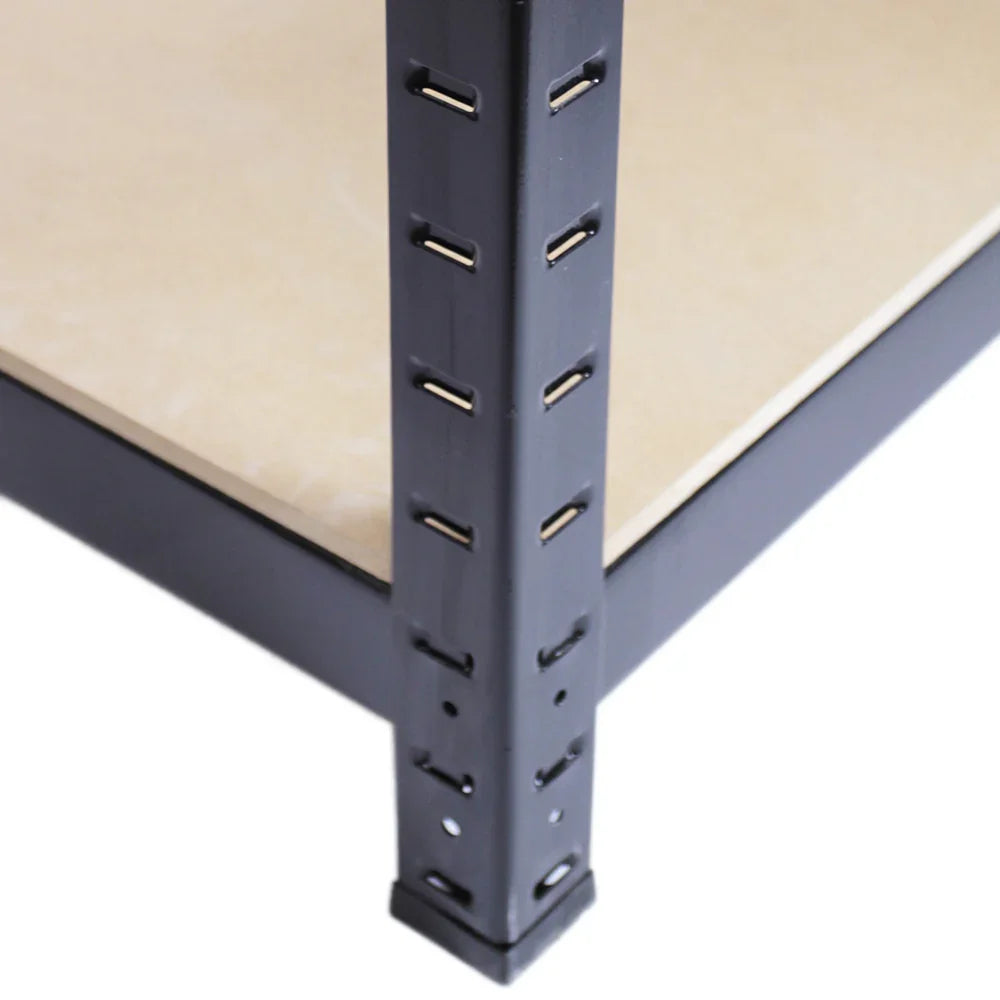 Black metal shelving unit corner with adjustable height slots, featuring a sturdy wooden shelf, ideal for garage or warehouse storage
