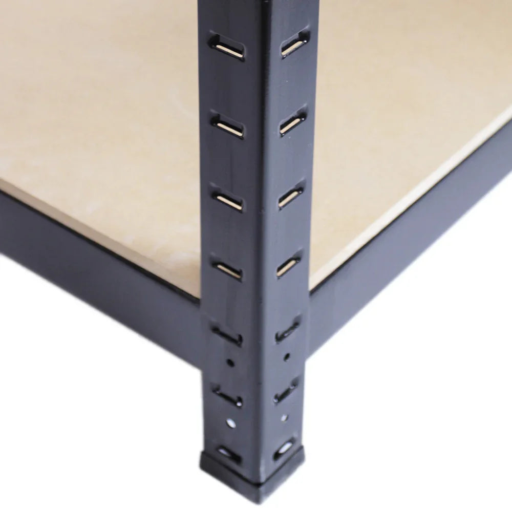 Black metal storage shelf corner with adjustable height slots, sturdy design, and smooth wooden surface, ideal for organizing items