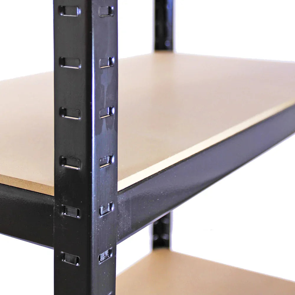 Black Monster Racking T-Rax metal storage shelves with sturdy wooden shelves, showcasing a sleek design and adjustable height options