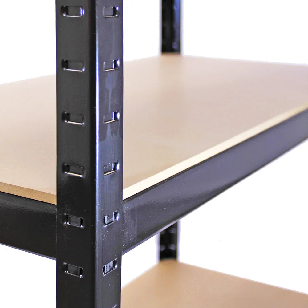 Black Monster Racking T-Rax metal storage shelves with sturdy wooden shelves, 90cm wide and 45cm deep, ideal for organizing items