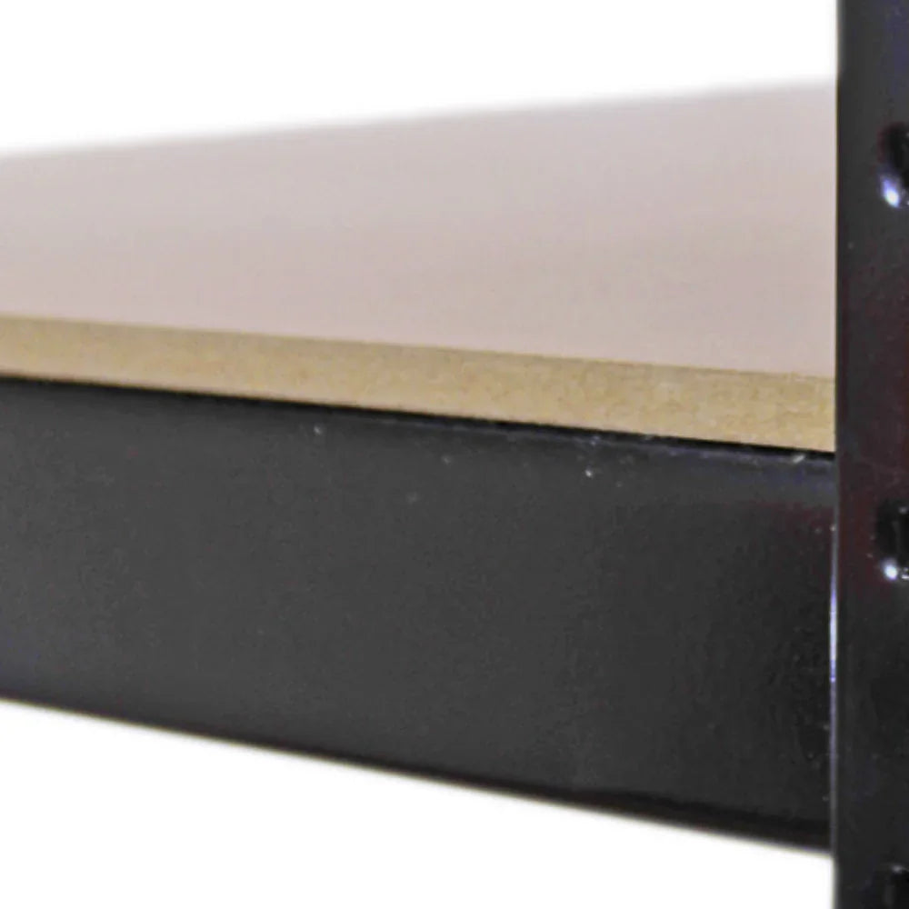 Black metal storage shelf with a smooth wooden top, showcasing sturdy construction and sleek design, ideal for organizing spaces