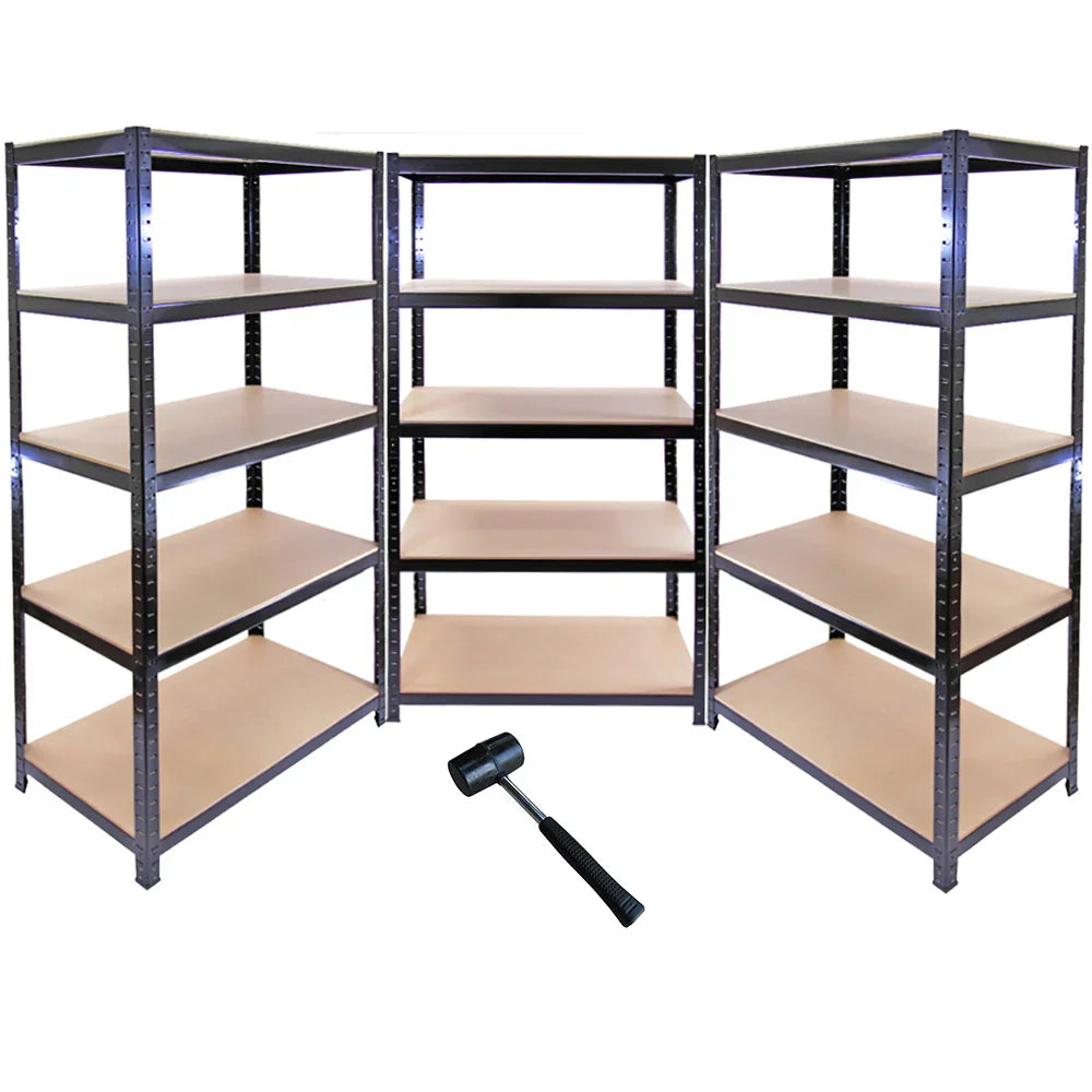 Black Monster Racking T-Rax metal storage shelves, set of 3, featuring sturdy construction, five wooden shelves, and a rubber mallet for assembly