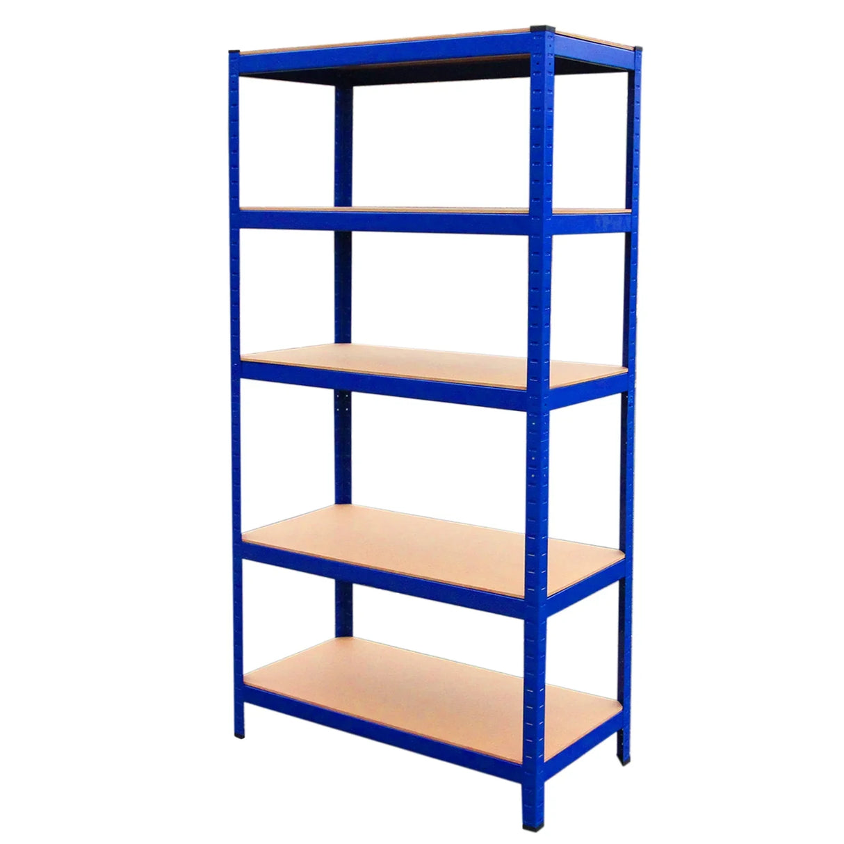 Sturdy blue metal rack with four wooden shelves, measuring 90 x 45 x 180cm, ideal for storage and workspace organization