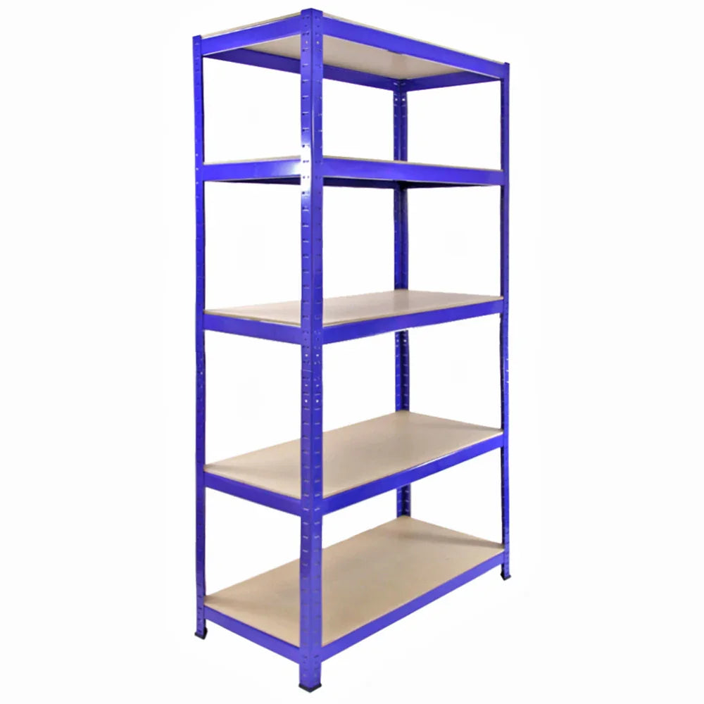 Blue metal racking unit with five shelves, featuring sturdy connectors for easy assembly and strong support for storage needs