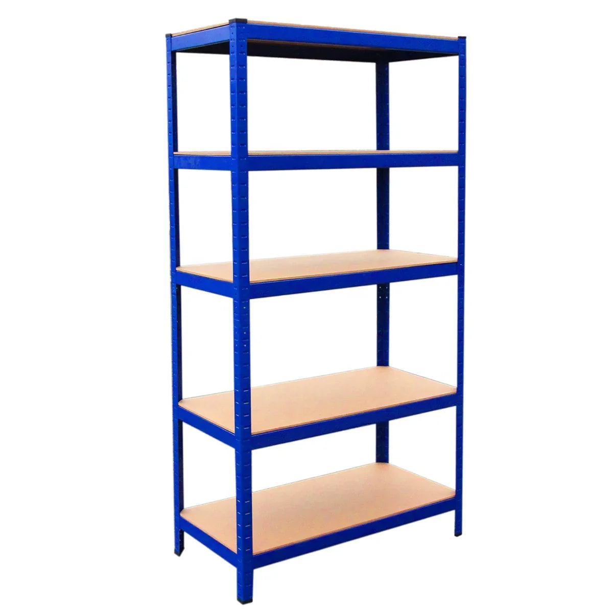 Boltless 5-tier garage shelving unit in blue metal with sturdy wooden shelves, ideal for organizing tools and storage items