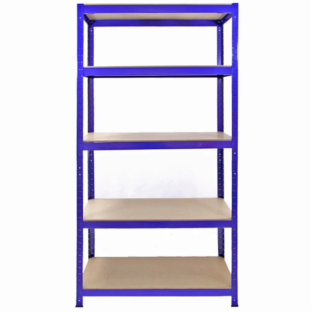 Sturdy 90cm blue metal racking unit with five beige shelves, ideal for storage and organization in garages or warehouses