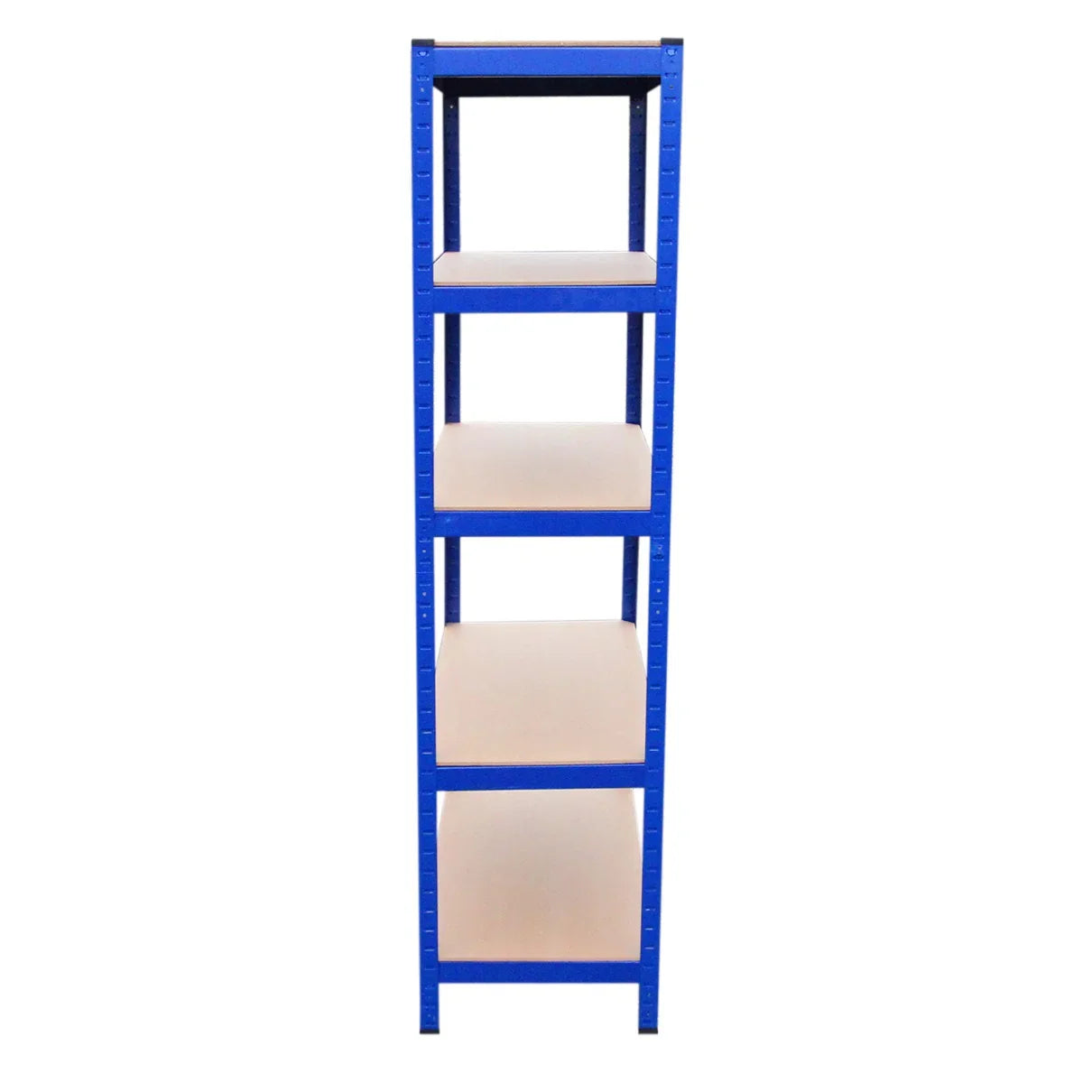 Boltless 5-tier garage shelves in blue with sturdy metal frame and smooth beige shelves, ideal for organizing tools and storage items