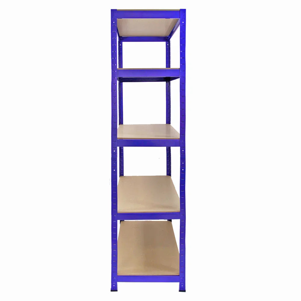 Blue metal storage shelves with four sturdy, beige shelves, measuring 90cm wide and 45cm deep, ideal for organizing items