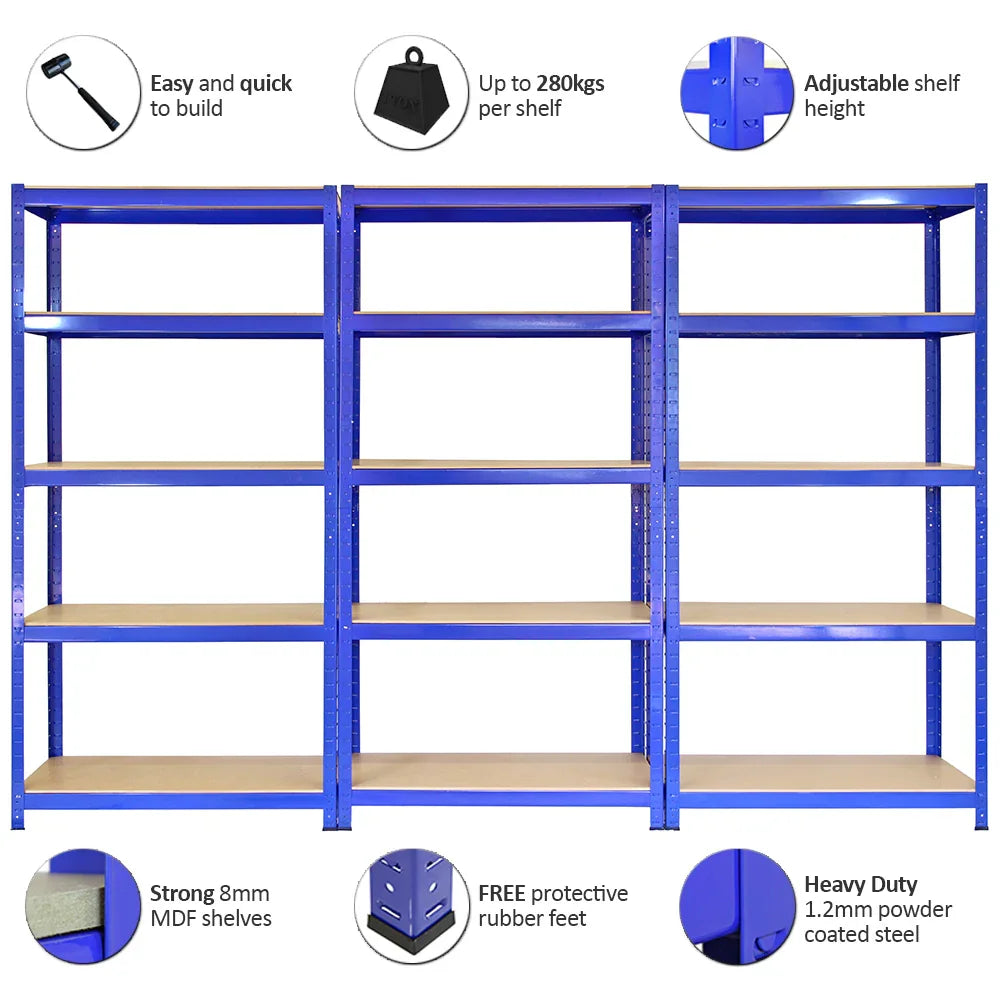 Three blue metal storage shelves, 90cm wide and 45cm deep, featuring sturdy MDF shelves and adjustable height for versatile organization