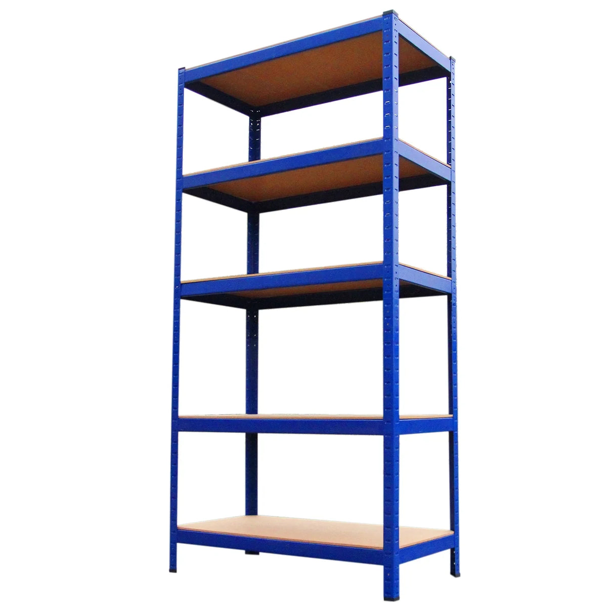Sturdy blue metal rack with four wooden shelves, measuring 90 x 45 x 180cm, ideal for storage and workspace organization
