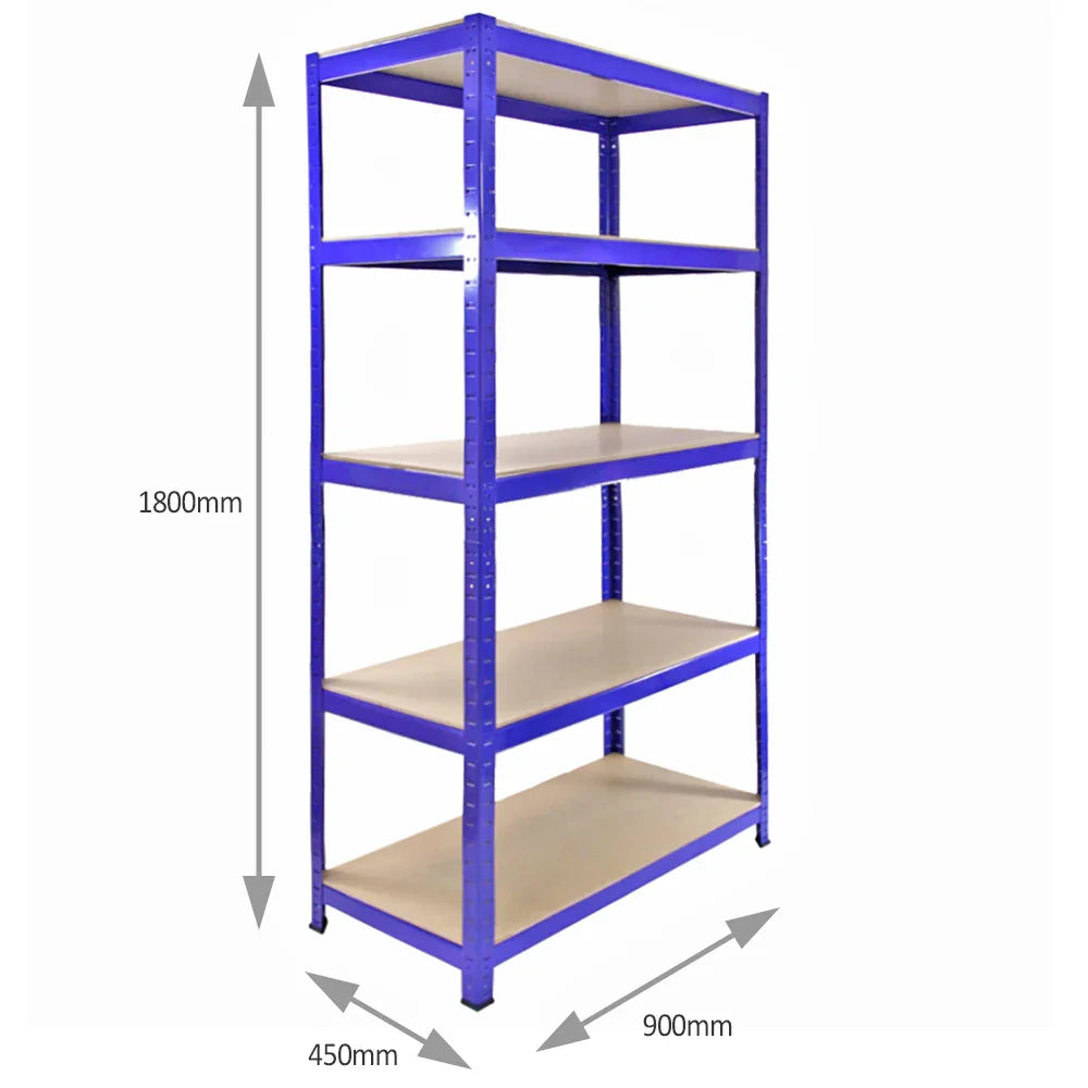 T-RAX blue shelving unit, 900mm wide, 450mm deep, 1825mm tall, featuring four sturdy shelves and a durable metal frame