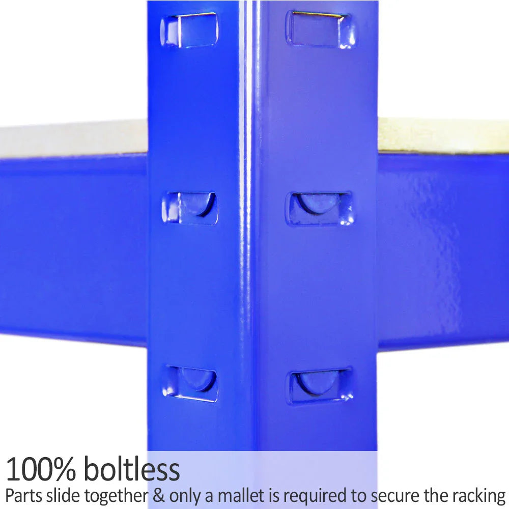 Blue T-RAX shelving unit corner detail, showcasing boltless design and smooth finish for easy assembly and stability