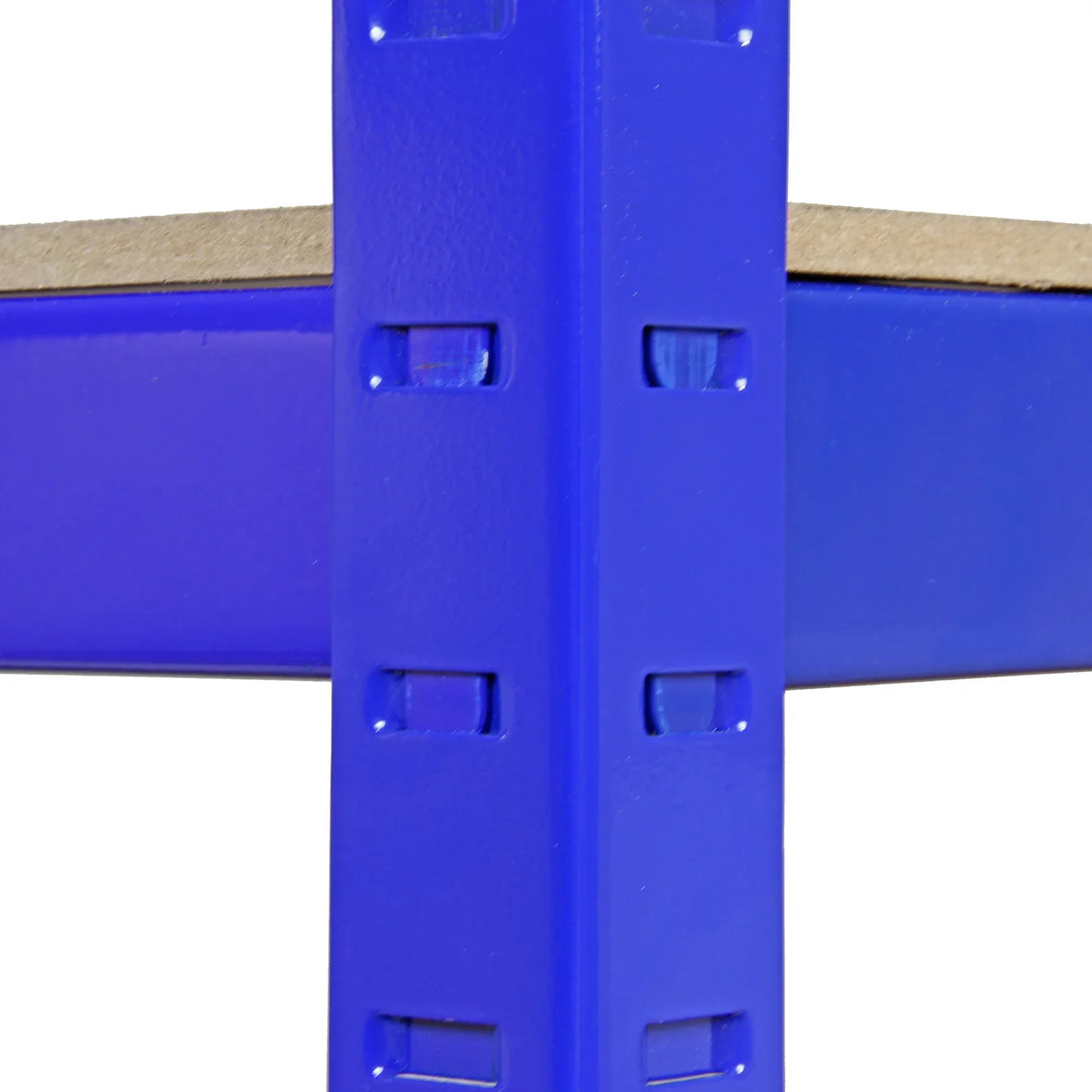 Close-up of a blue T-Rax racking connector showing textured metal finish and precise slot design for secure bay connections
