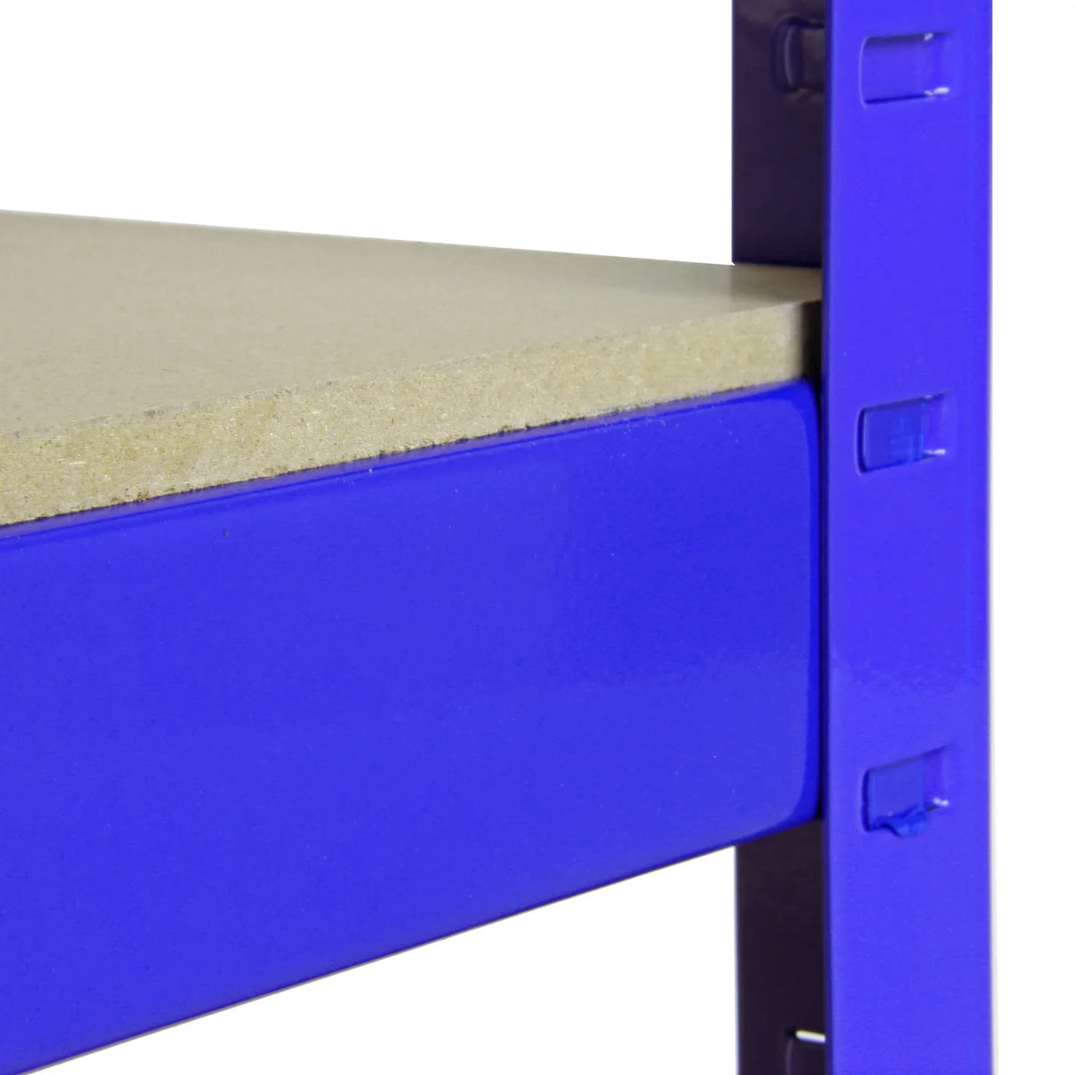 T-RAX Blue 90cm shelving unit with a smooth, light-colored top and vibrant blue metal frame, designed for organizing storage bins