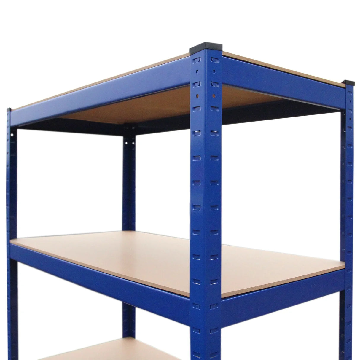 Sturdy blue metal rack with three wooden shelves, ideal for storage and workspace organization, measuring 90 x 45 x 180cm