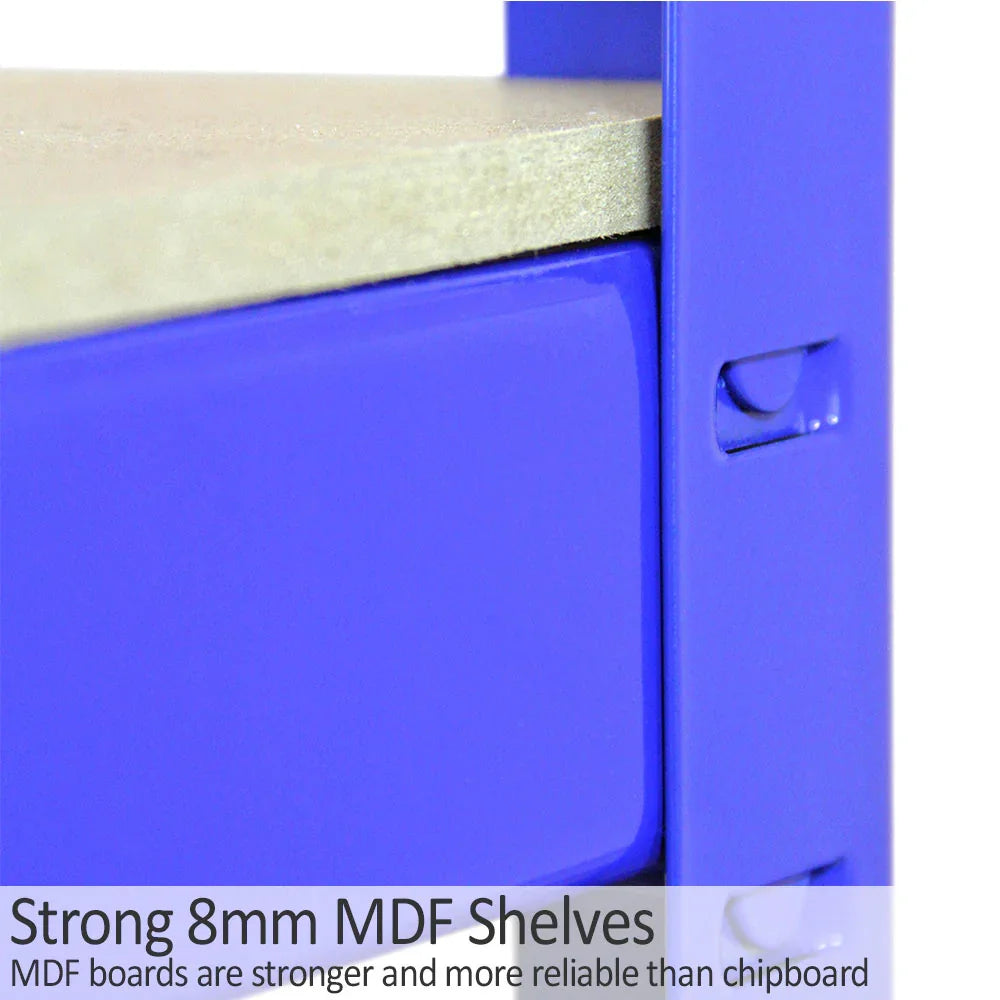 Close-up of a blue Monster Racking T-Rax metal storage shelf showcasing strong 8mm MDF shelves for durability and reliability