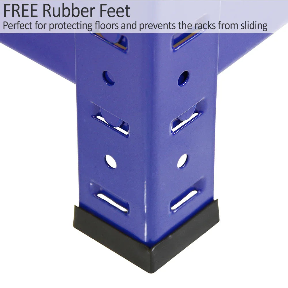 Blue metal storage shelf corner with rubber feet for stability, designed to protect floors and prevent sliding, showcasing durability