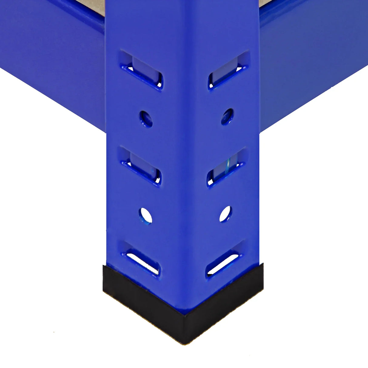 Blue metal storage rack corner with multiple holes for adjustable shelving, featuring a sturdy base for stability and support