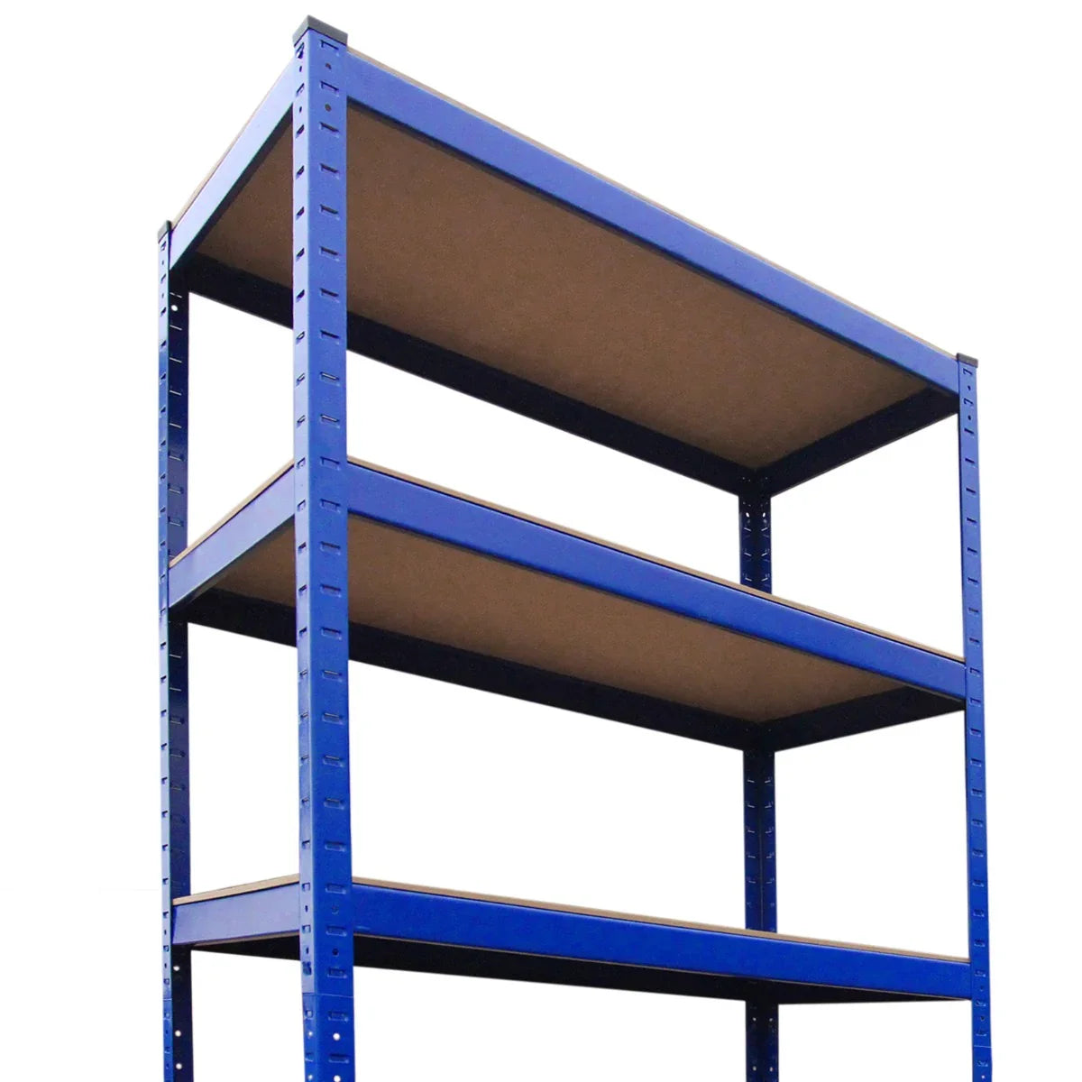 Boltless 5-tier garage racking in blue, featuring sturdy metal frame and smooth MDF shelves, ideal for organizing tools and storage items