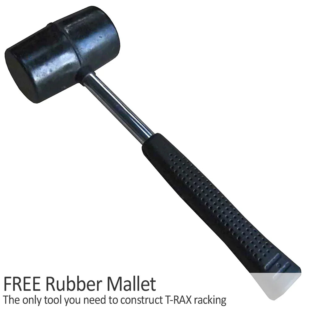 Black rubber mallet with a sturdy handle, designed for assembling Monster Racking T-Rax metal storage shelves, ideal for easy construction