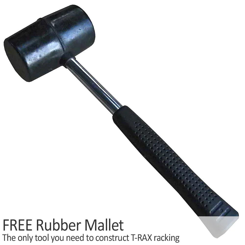 Rubber mallet with a black handle and a smooth, round head, ideal for assembling T-RAX racking systems