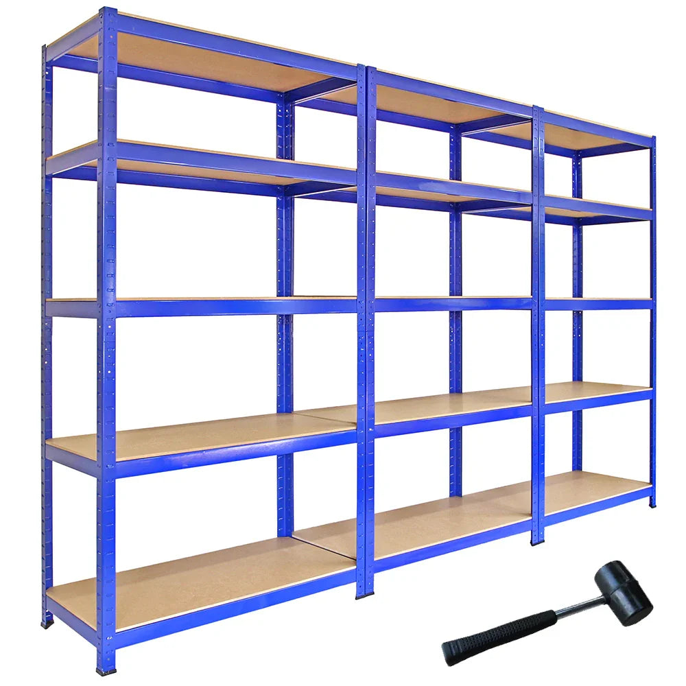 Blue metal storage shelves with five sturdy wooden shelves, measuring 90cm wide and 45cm deep, ideal for organizing items