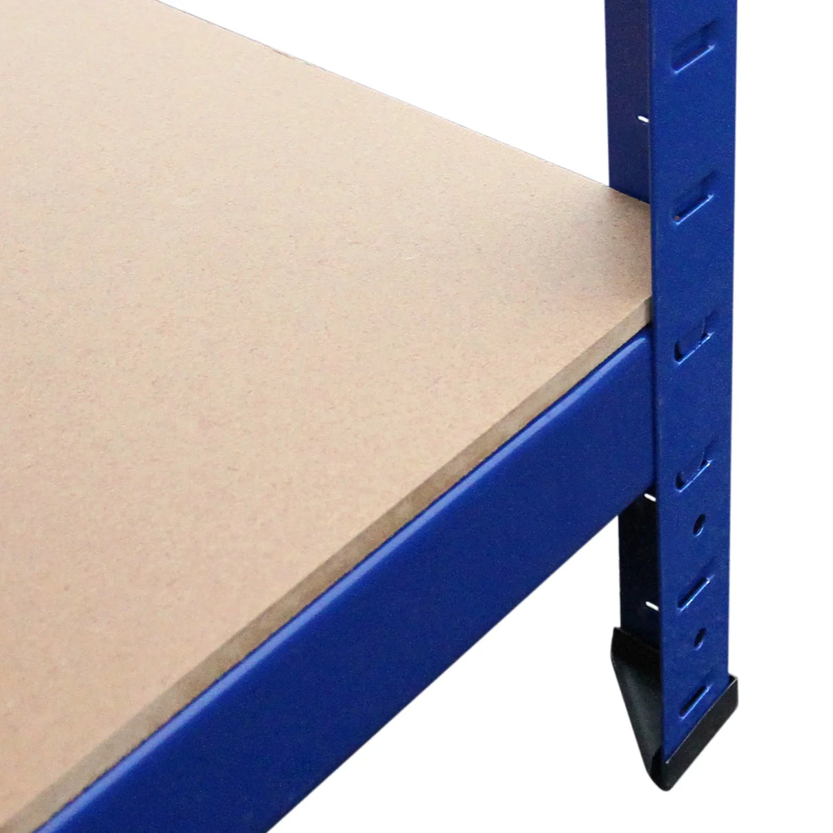 Close-up of a sturdy blue metal rack with a smooth, light brown MDF shelf, showcasing its durable construction and design features