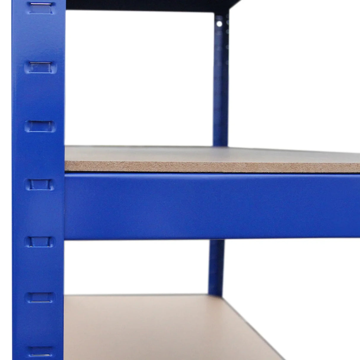 Blue metal shelving unit with sturdy particleboard shelves, showcasing a close-up of the frame and shelf texture for durability