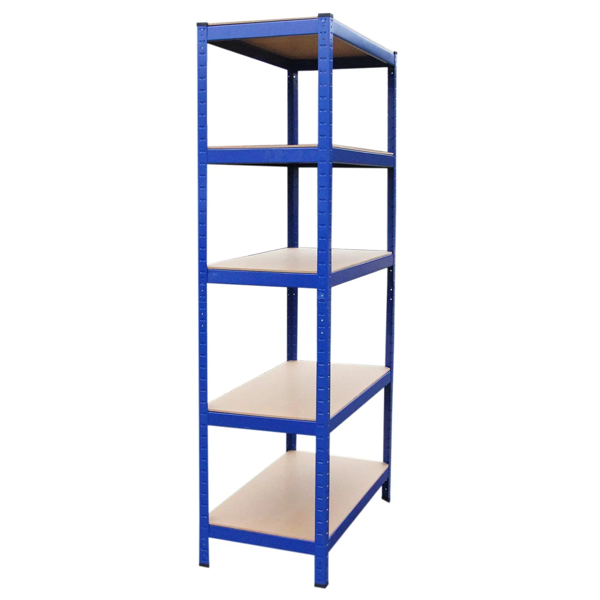 Sturdy blue metal rack with five wooden shelves, measuring 90 x 45 x 180cm, ideal for storage and workspace organization