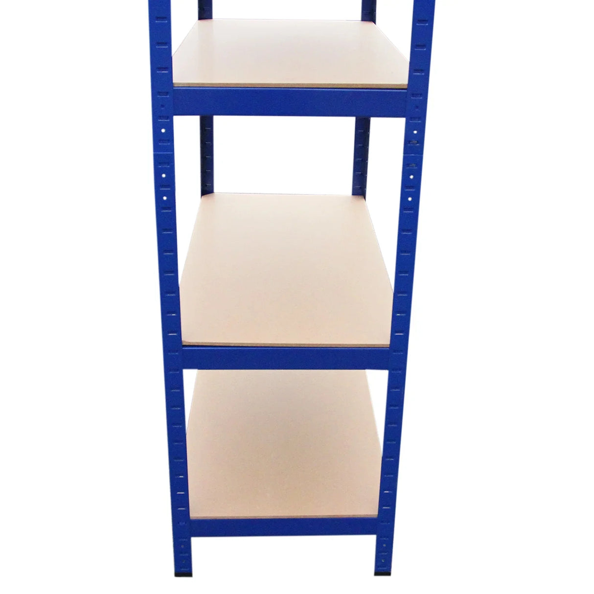 Blue metal rack with three sturdy shelves, featuring a smooth beige surface, ideal for storage and organization in workshops or garages