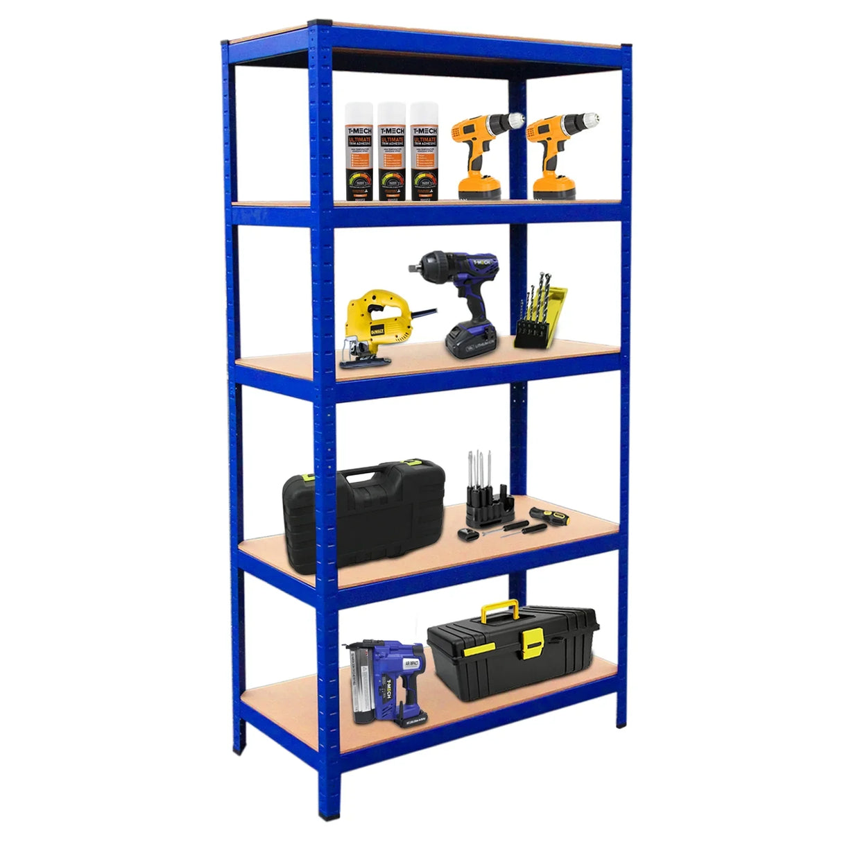 Four-tier blue metal rack with wooden shelves, displaying tools, a toolbox, and spray cans, ideal for organizing workspace