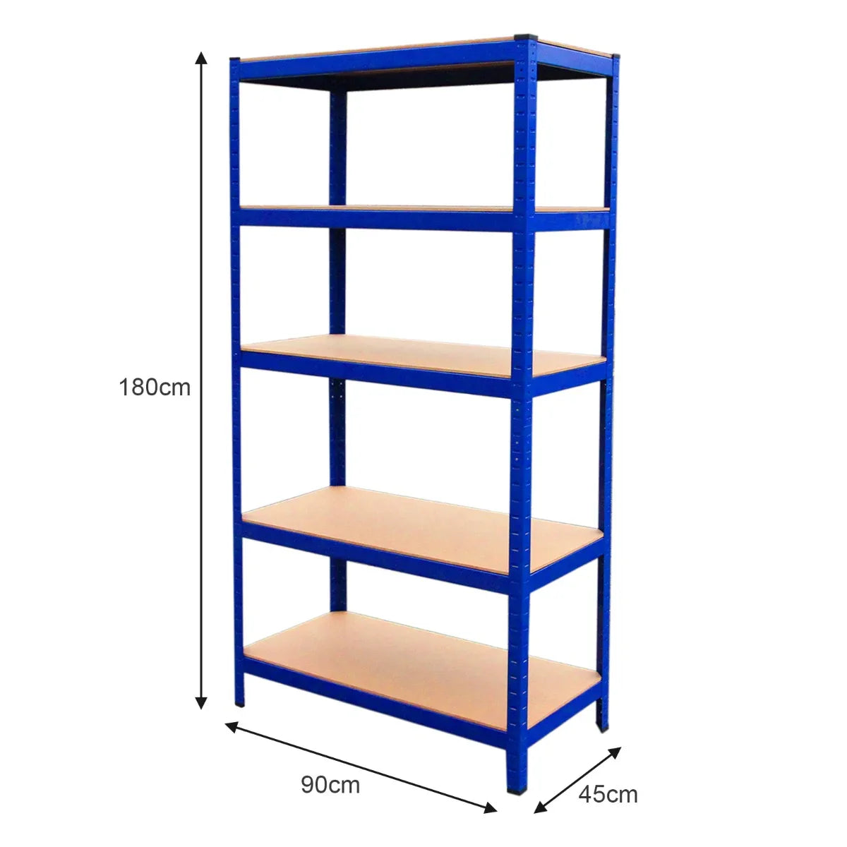 Boltless 5-tier garage shelves in blue with wooden shelves, measuring 180cm tall, 90cm wide, and 45cm deep, ideal for storage
