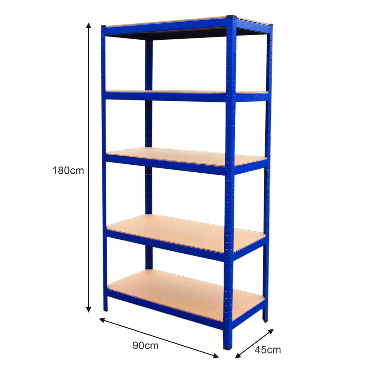 Sturdy blue metal rack with four wooden shelves, measuring 90cm wide, 45cm deep, and 180cm tall, ideal for storage and organization